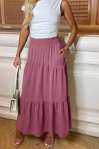 Womens Ladies High Waisted Sheering Pockets Maxi Skirt