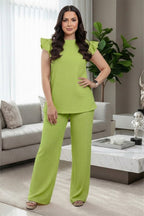 Women's Super Soft Pop Corn Material Frill Short Sleeve Top Trousers 2Pcs Co-Ord Loungewear Set