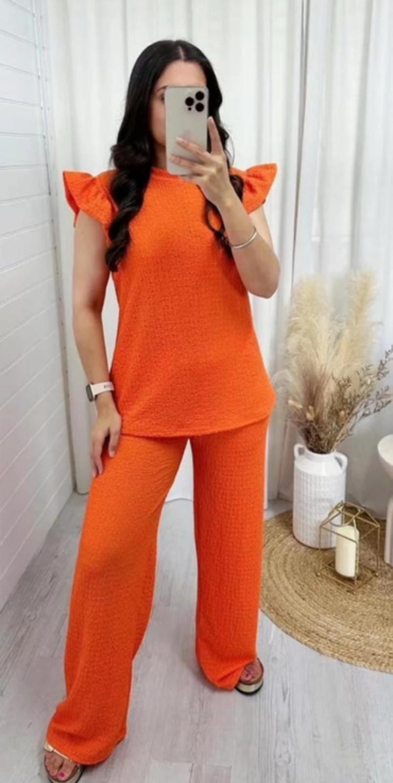 Women's Super Soft Pop Corn Material Frill Short Sleeve Top Trousers 2Pcs Co-Ord Loungewear Set