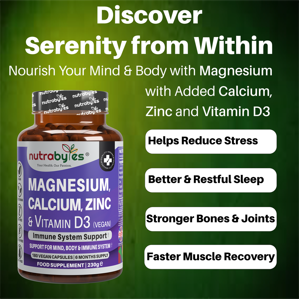 Magnesium, Calcium, Zinc & Vitamin D3 (Vegan D3) - Advanced Immunity Support, 6 Months Supply | Made in the UK