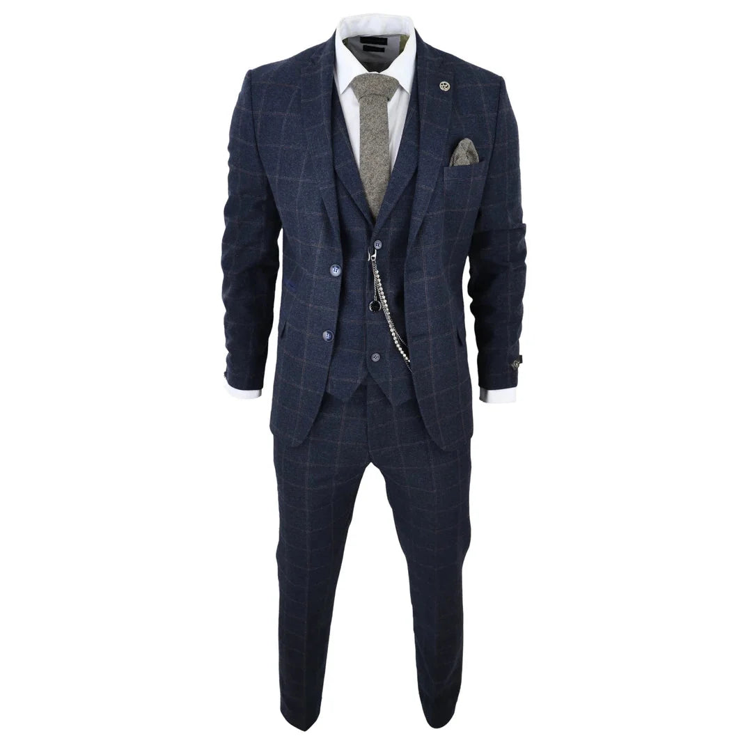 STZ72 - Men's 3 Piece Suit Wool Tweed Navy Blue Brown Check 1920s Gatsby Formal Dress Suits