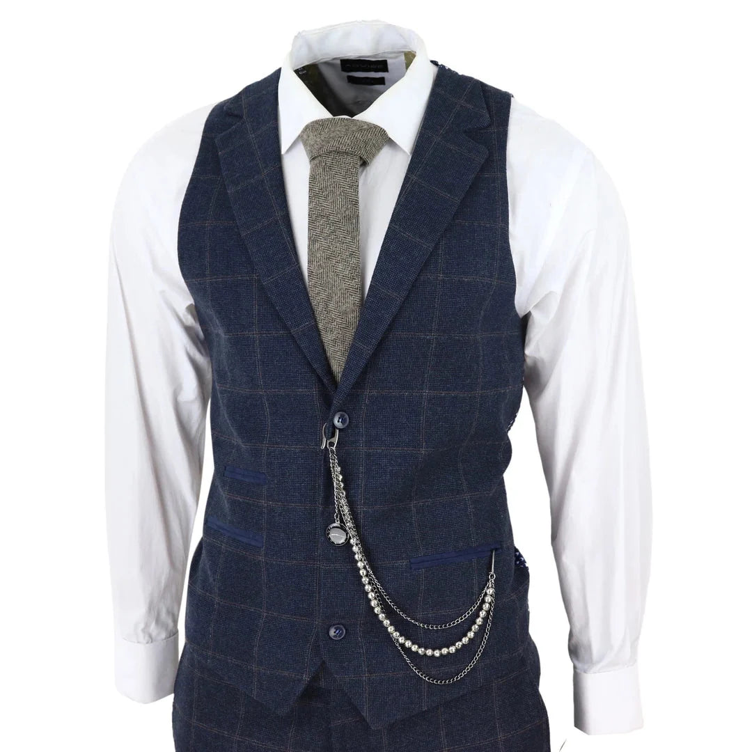 STZ72 - Men's 3 Piece Suit Wool Tweed Navy Blue Brown Check 1920s Gatsby Formal Dress Suits