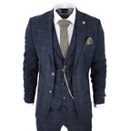 STZ72 - Men's 3 Piece Suit Wool Tweed Navy Blue Brown Check 1920s Gatsby Formal Dress Suits