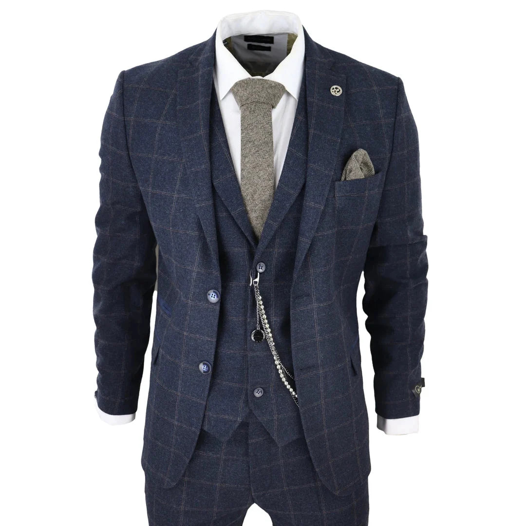 STZ72 - Men's 3 Piece Suit Wool Tweed Navy Blue Brown Check 1920s Gatsby Formal Dress Suits