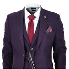 STZ70 - Men's 3 Piece Suit Wool Tweed Plum Wine Check 1920s Gatsby Formal Dress Suits