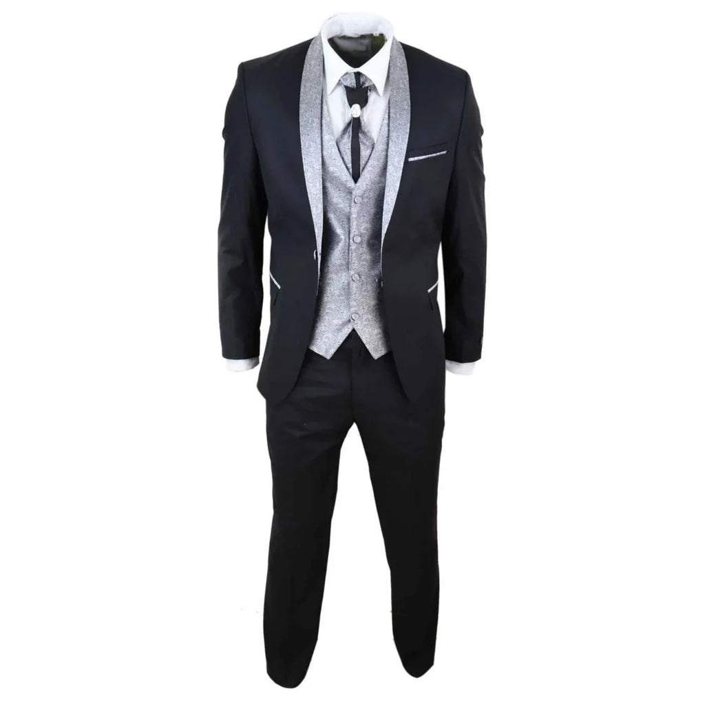 Sal-Yaica - Men's 4 Piece Wedding Suit Groom Shawl Collar Black Silver Cravat