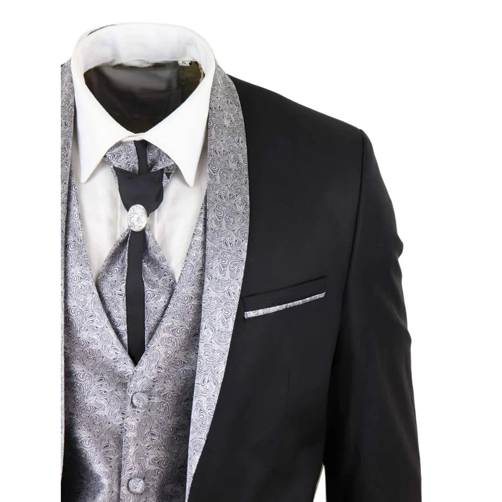 Sal-Yaica - Men's 4 Piece Wedding Suit Groom Shawl Collar Black Silver Cravat