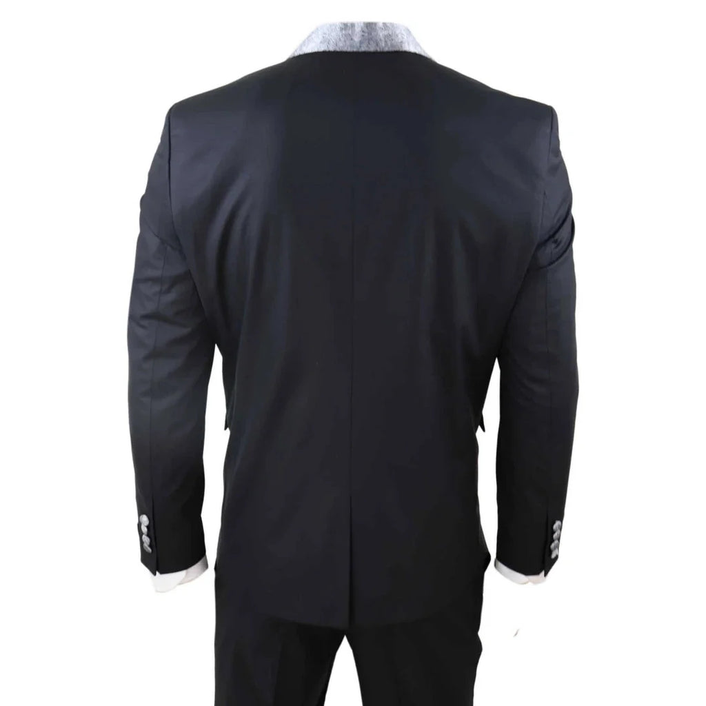 Sal-Yaica - Men's 4 Piece Wedding Suit Groom Shawl Collar Black Silver Cravat