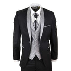 Sal-Yaica - Men's 4 Piece Wedding Suit Groom Shawl Collar Black Silver Cravat
