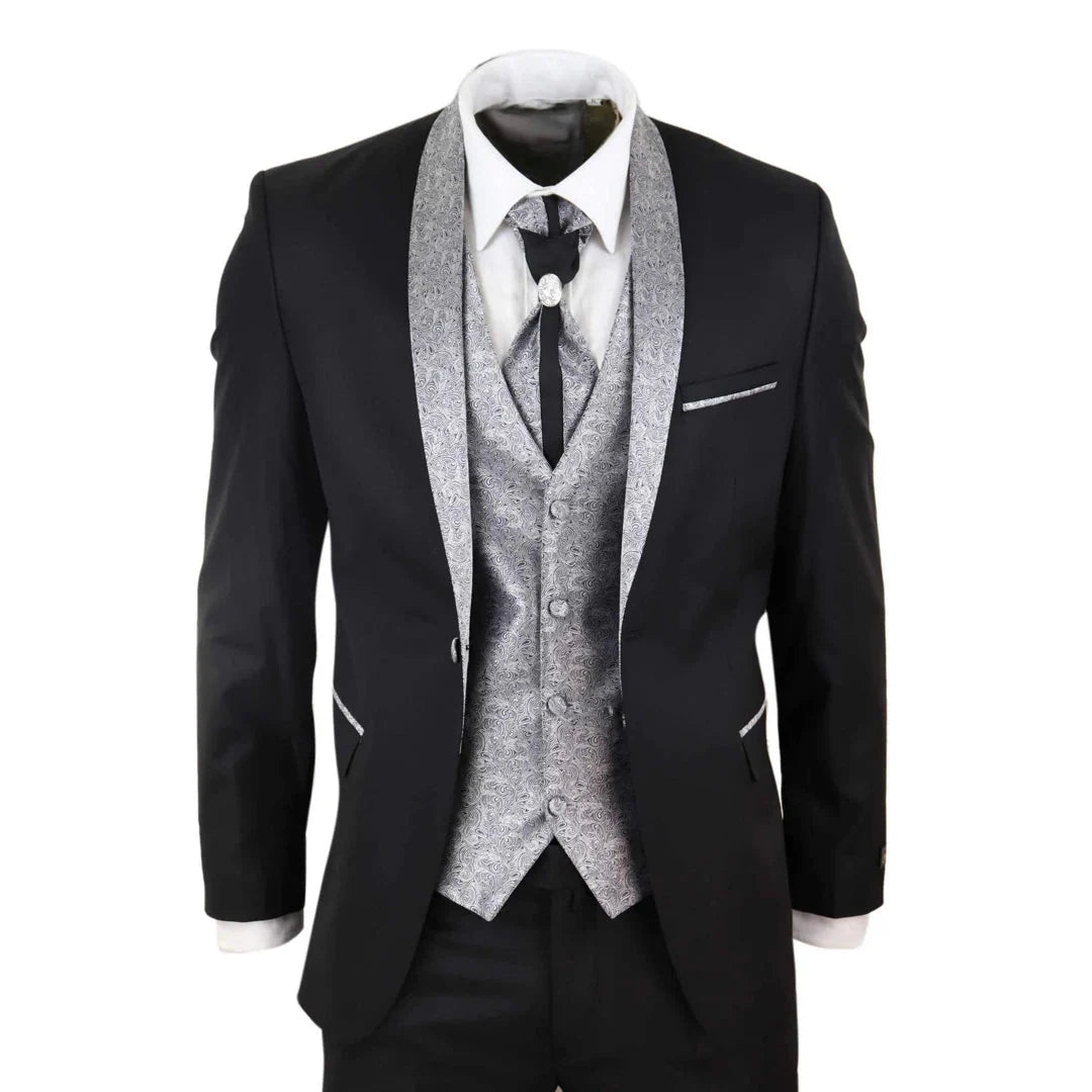 Sal-Yaica - Men's 4 Piece Wedding Suit Groom Shawl Collar Black Silver Cravat