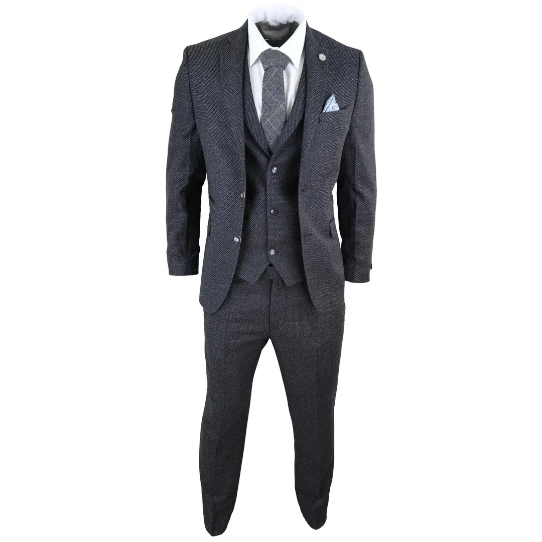 STZ14 - Men's Wool 3 Piece Suit Tweed Charcoal Black Classic
