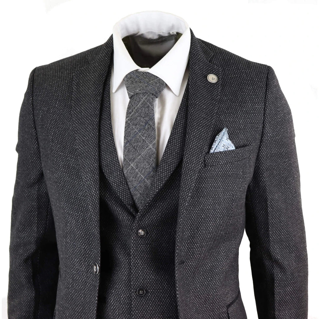 STZ14 - Men's Wool 3 Piece Suit Tweed Charcoal Black Classic