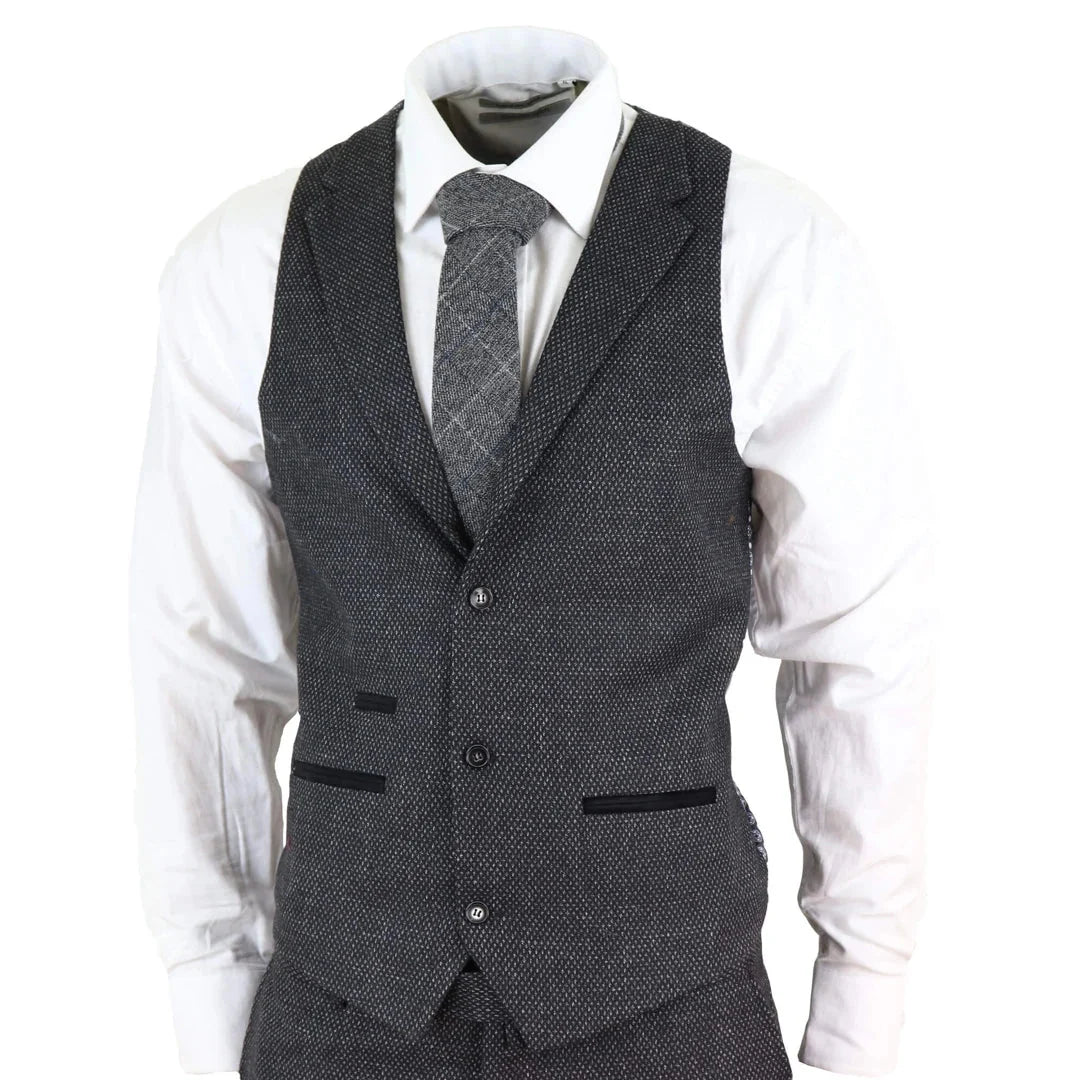 STZ14 - Men's Wool 3 Piece Suit Tweed Charcoal Black Classic