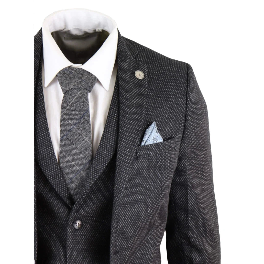 STZ14 - Men's Wool 3 Piece Suit Tweed Charcoal Black Classic