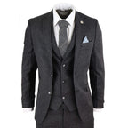 STZ14 - Men's Wool 3 Piece Suit Tweed Charcoal Black Classic