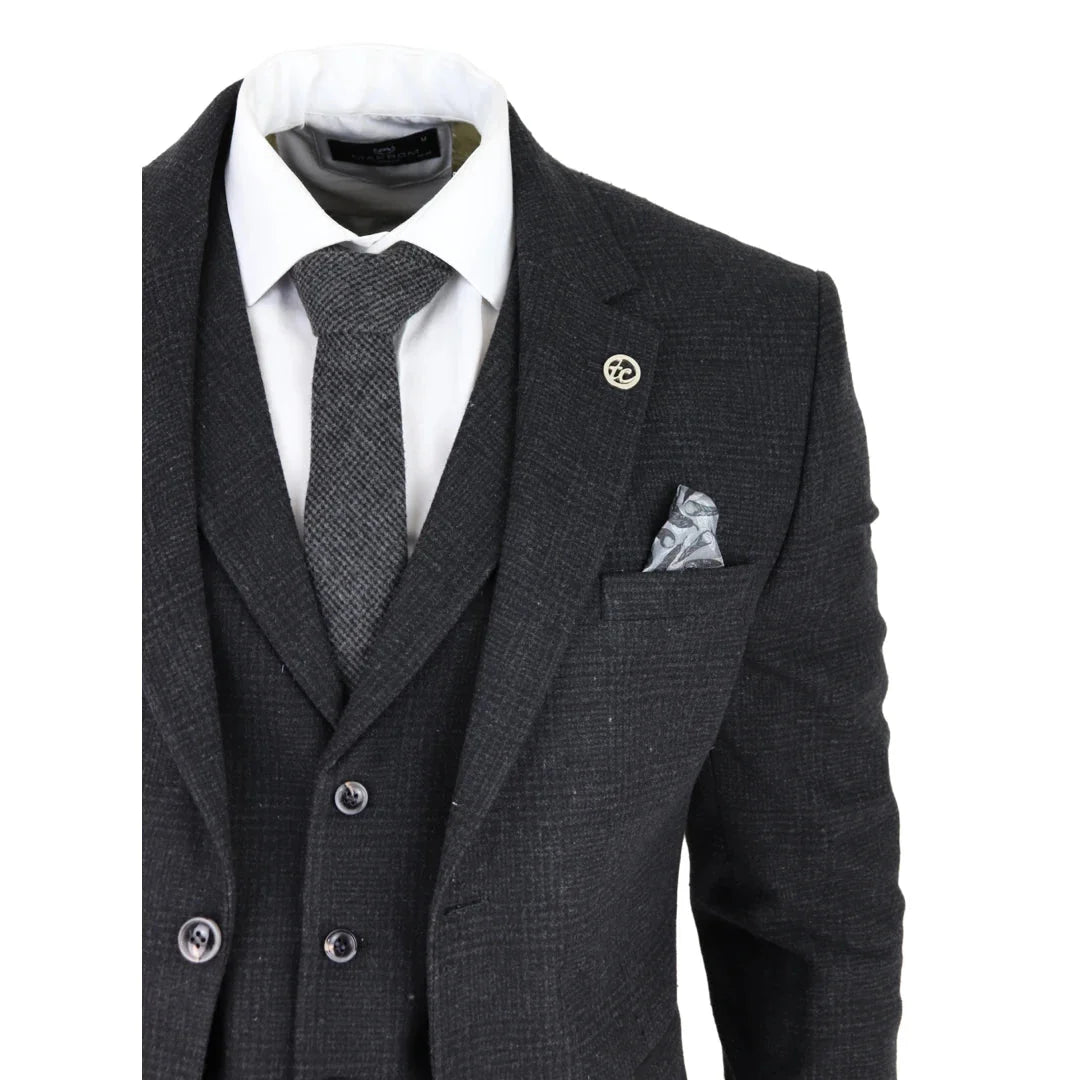 AK-11 - Men's Black Tweed 3 Piece Suit Check 1920s Gatsby Blinders