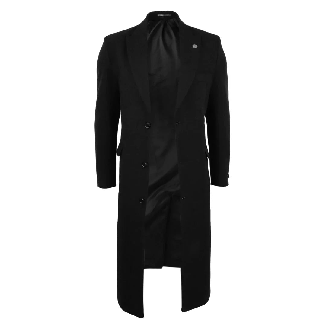 Men's Full Length Overcoat Mac Jacket Wool Feel Charcoal Black 1920s Blinders