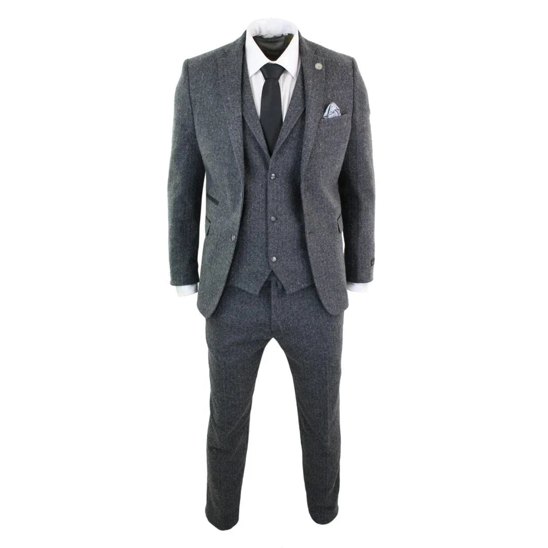 STZ11 - Men's Grey Black 3 Piece Tweed Suit Herringbone Wool