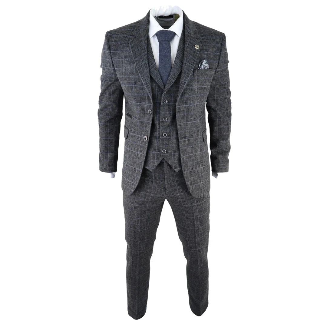 AK-12 - Men's Grey Tweed 3 Piece Suit Blue Check 1920s Gatsby Blinders