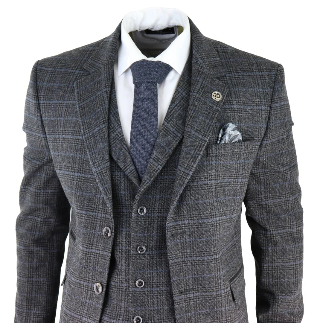 AK-12 - Men's Grey Tweed 3 Piece Suit Blue Check 1920s Gatsby Blinders