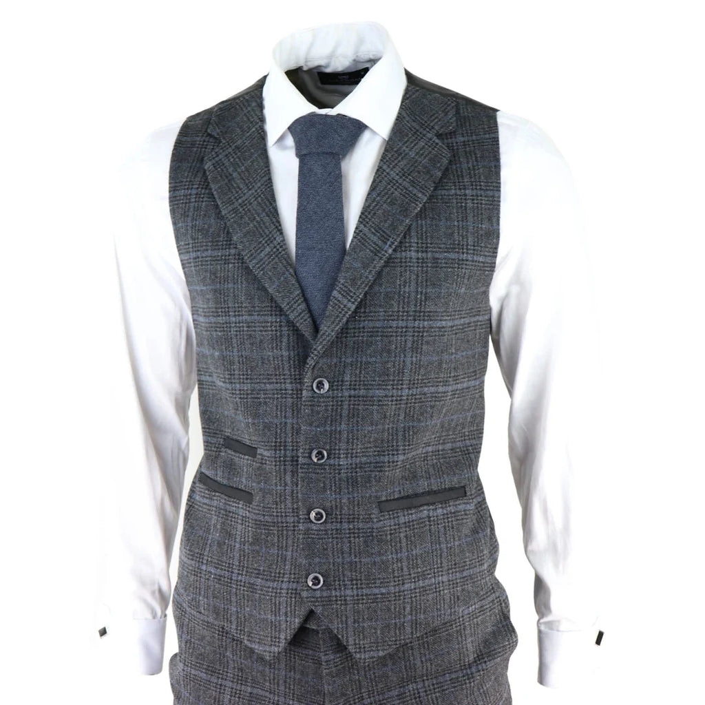 AK-12 - Men's Grey Tweed 3 Piece Suit Blue Check 1920s Gatsby Blinders