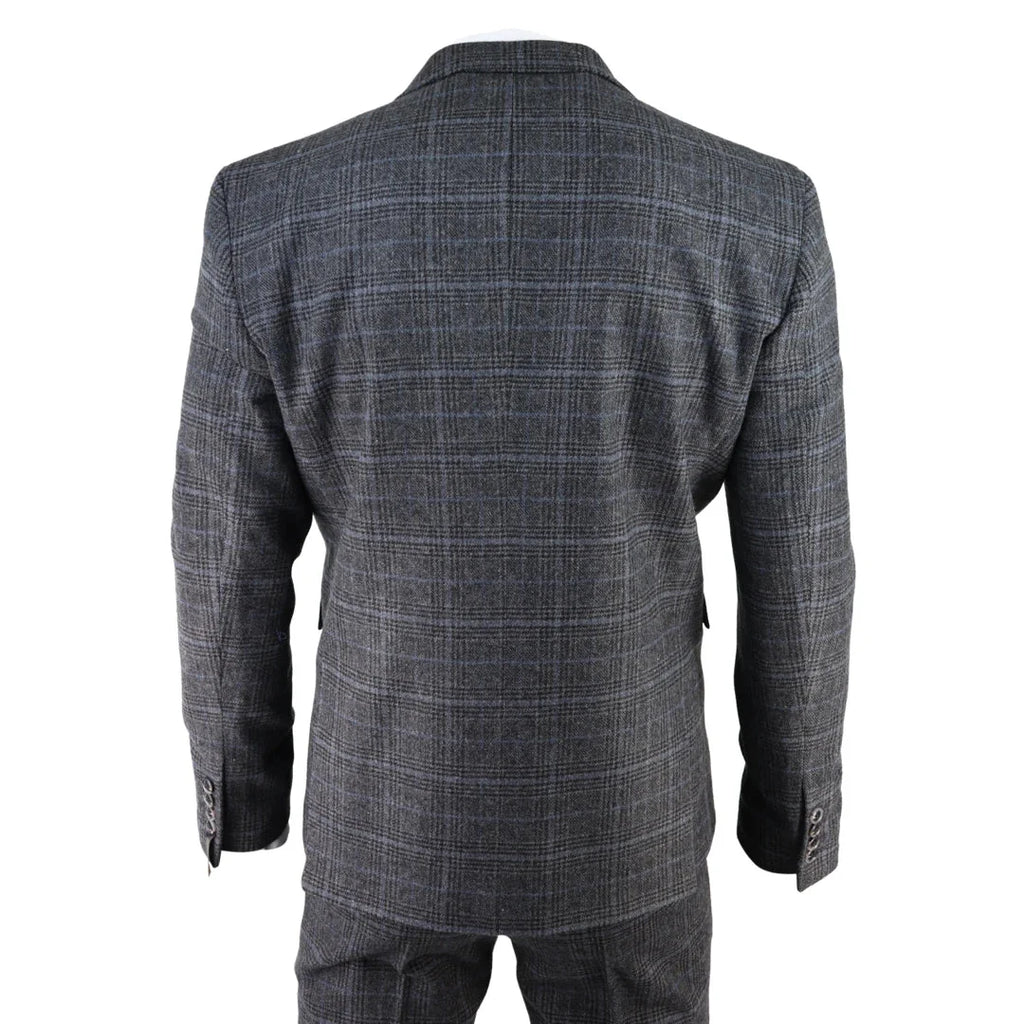 AK-12 - Men's Grey Tweed 3 Piece Suit Blue Check 1920s Gatsby Blinders