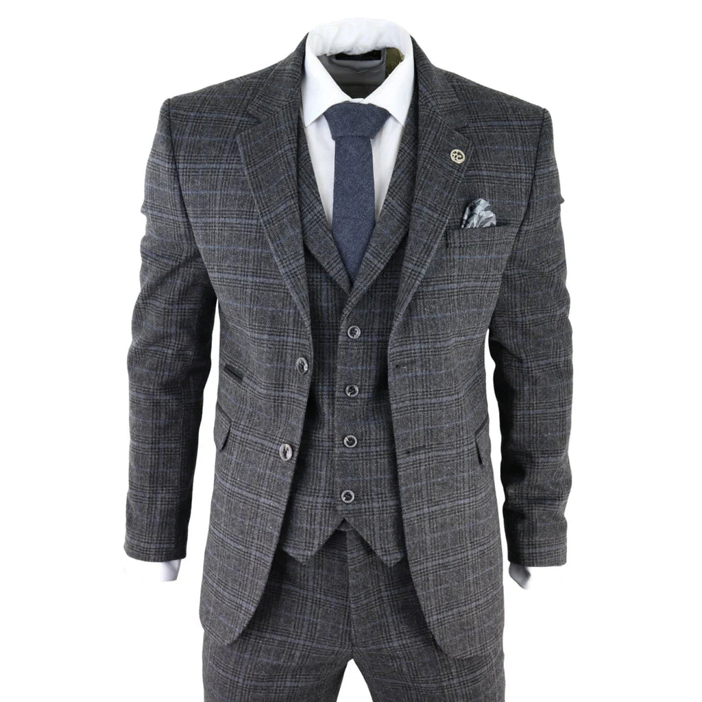 AK-12 - Men's Grey Tweed 3 Piece Suit Blue Check 1920s Gatsby Blinders