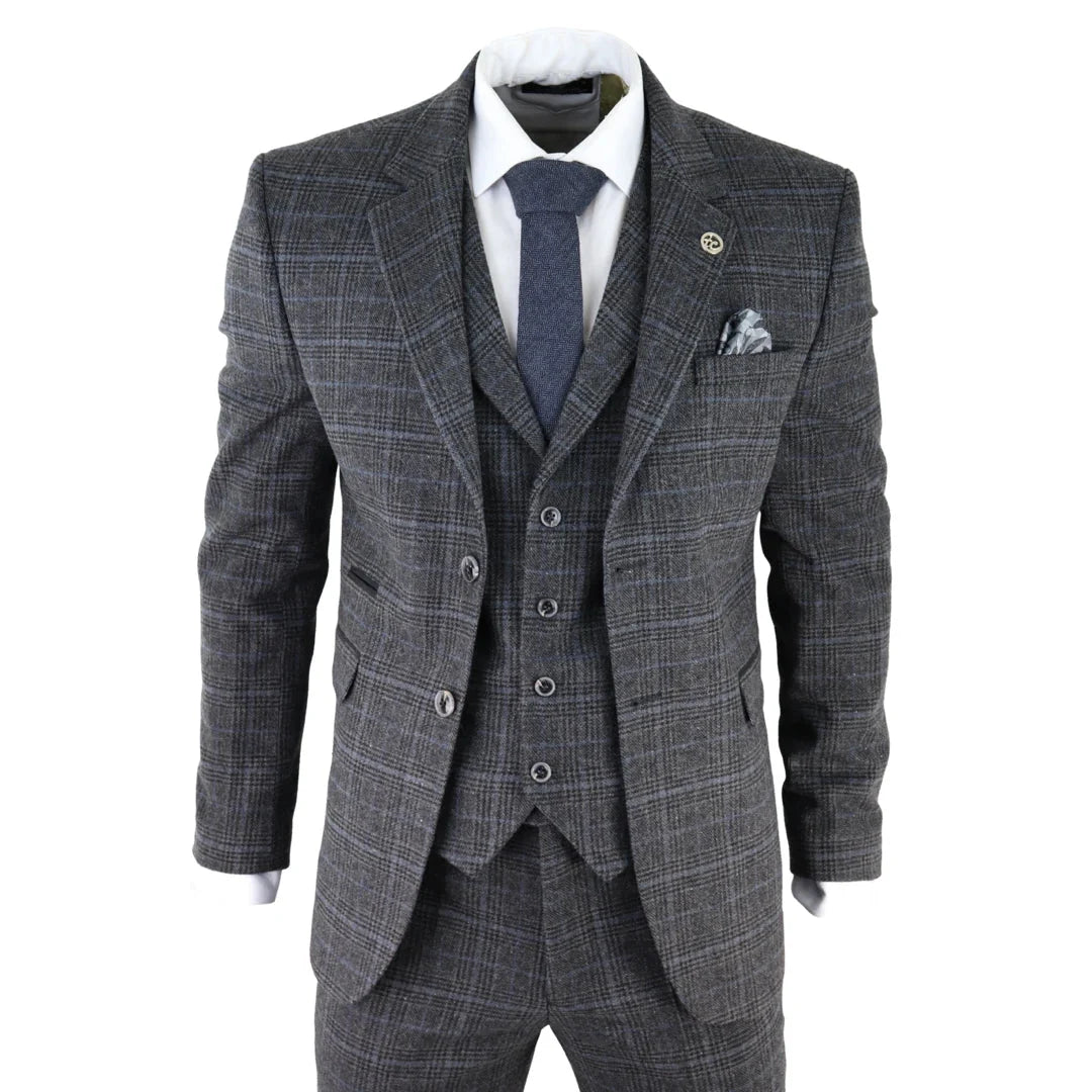 AK-12 - Men's Grey Tweed 3 Piece Suit Blue Check 1920s Gatsby Blinders