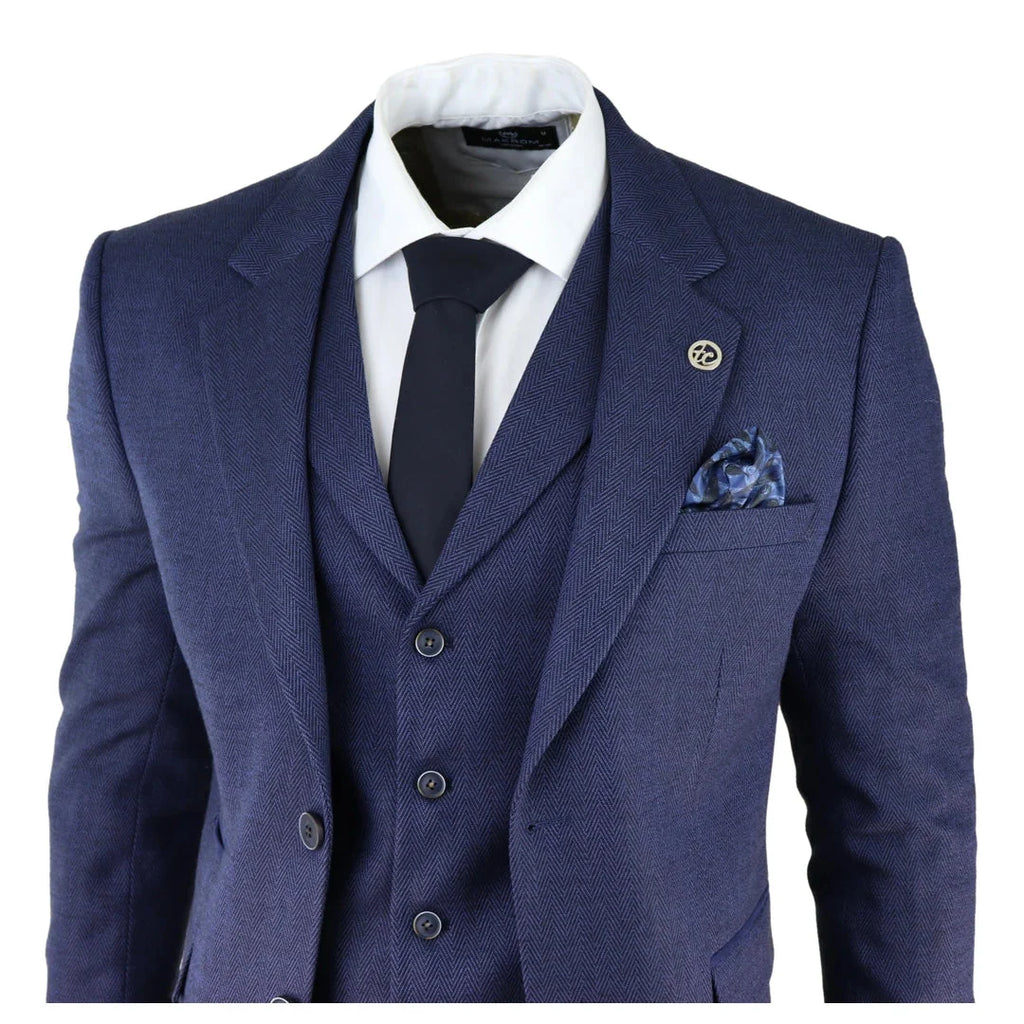 AK-04 - Men's Herringbone Tweed 3 Piece Blue Suit Wedding Blinders