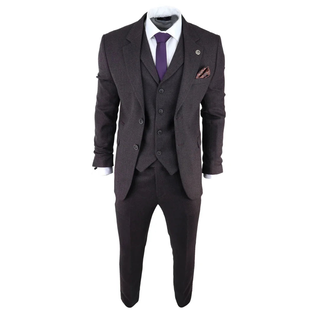AK-05 - Men's Herringbone Tweed 3 Piece Suit Purple Plum 1920s Blinders