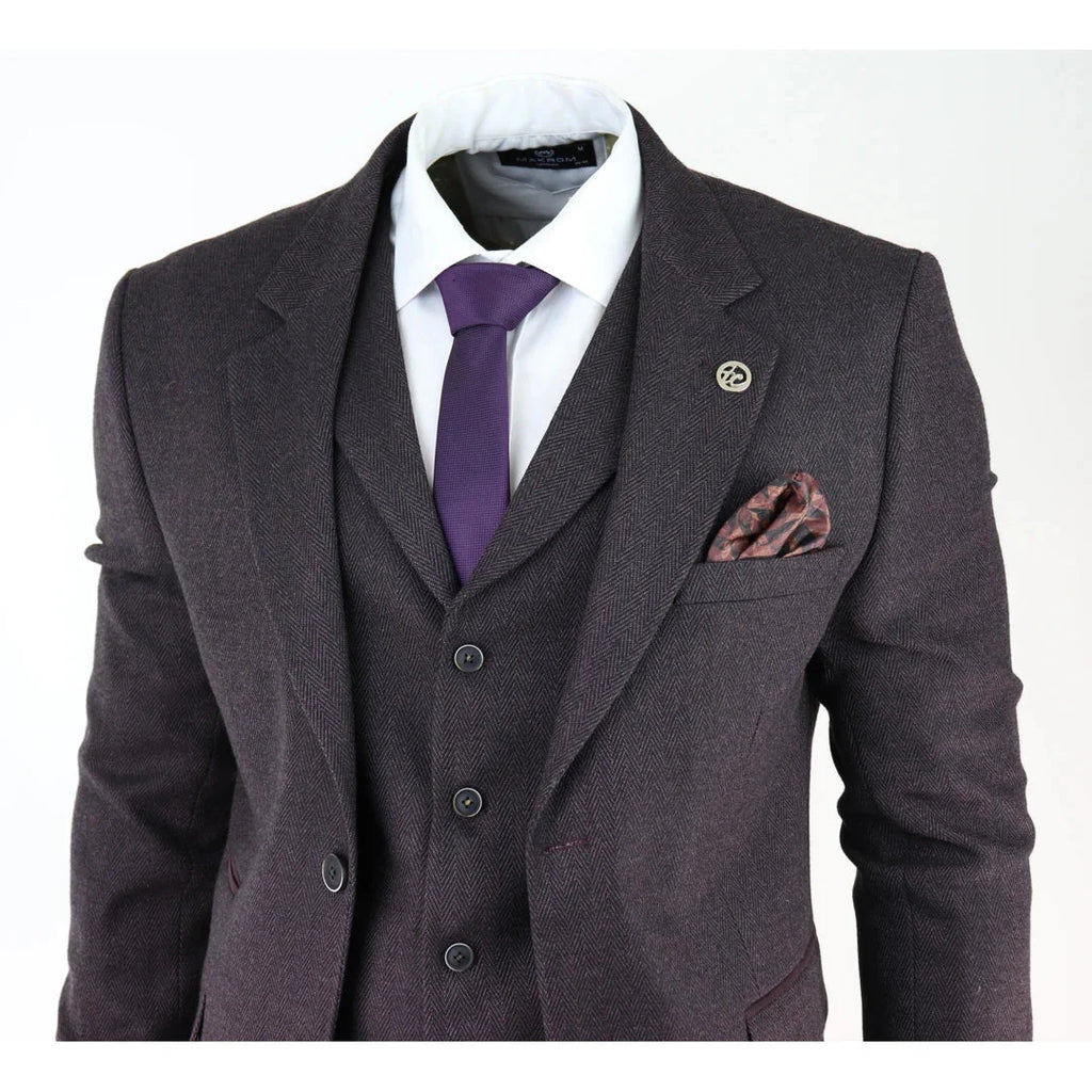 AK-05 - Men's Herringbone Tweed 3 Piece Suit Purple Plum 1920s Blinders
