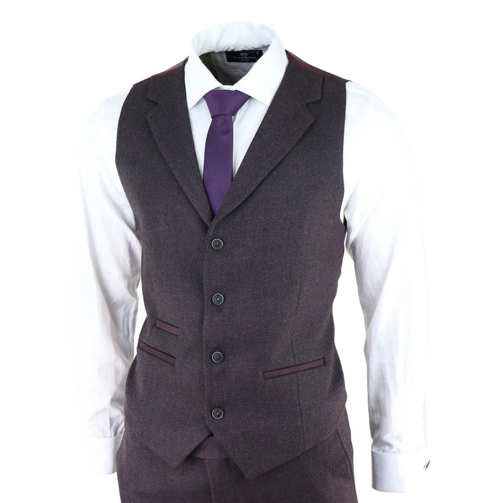 AK-05 - Men's Herringbone Tweed 3 Piece Suit Purple Plum 1920s Blinders