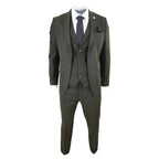 STZ11 - Men's Wool 3 Piece Suit Tweed Olive Green Black Classic