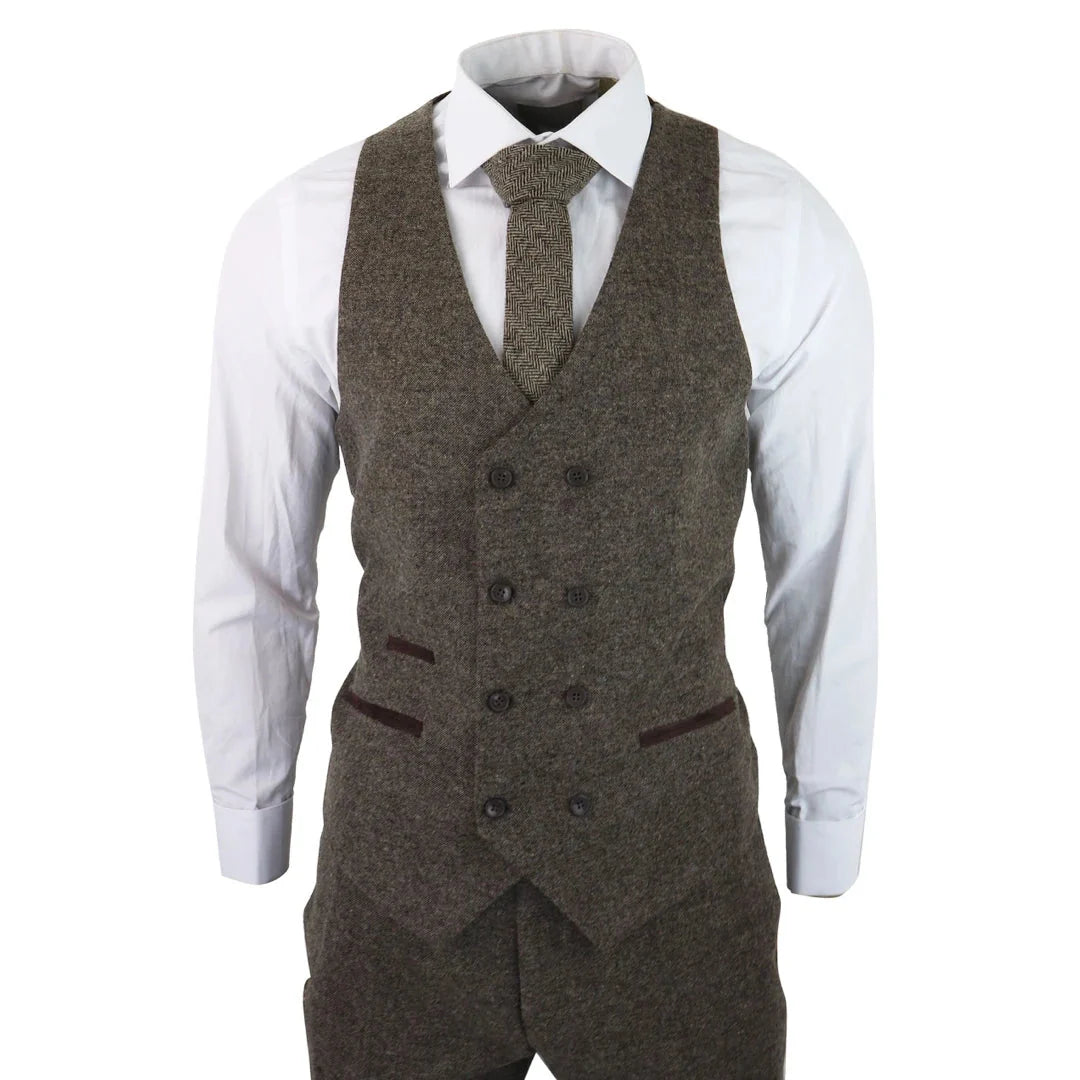 STZ31A - Men's Wool 3 Piece Suit Double Breast Waistcoat Tweed Blinders Classic 1920s Oak