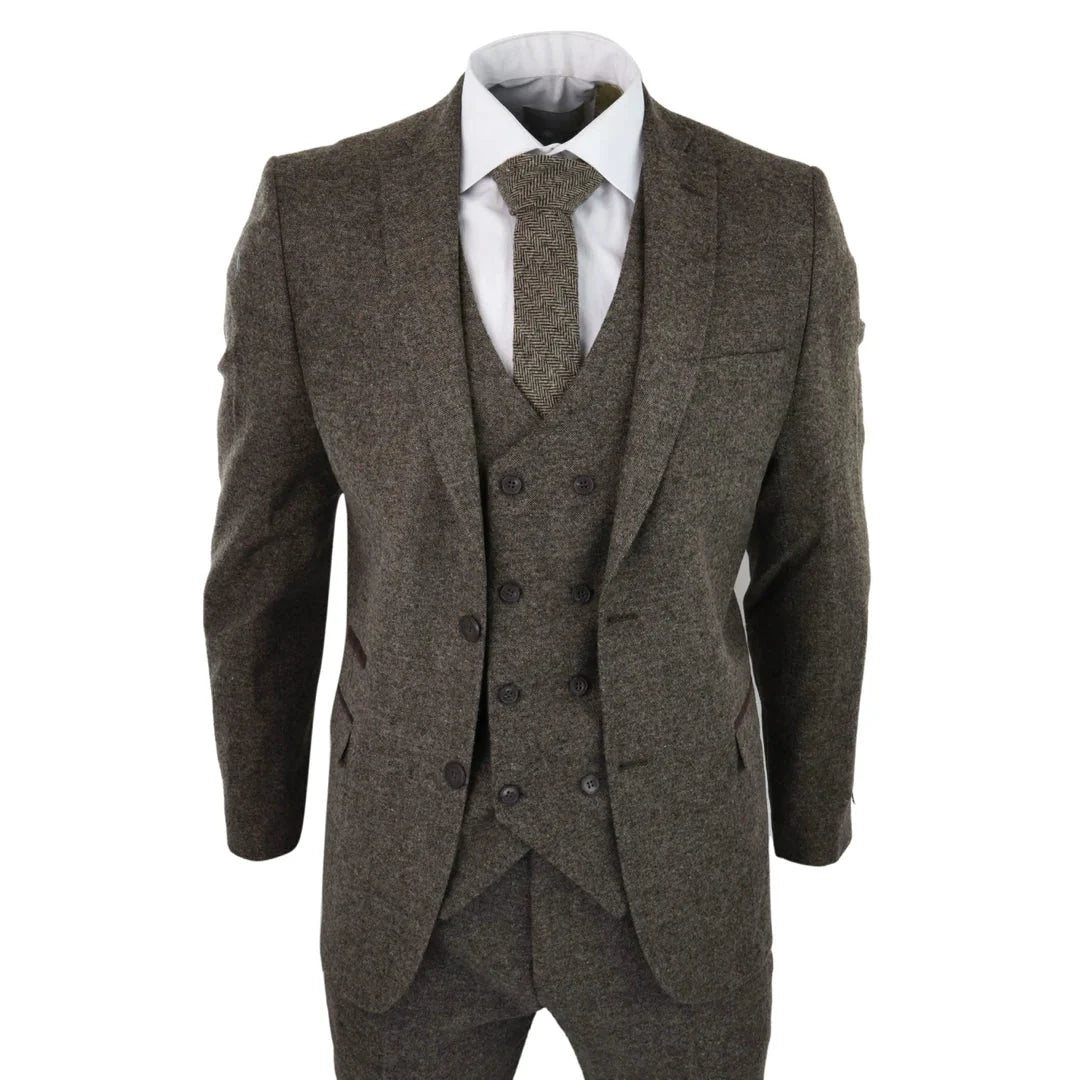 STZ31A - Men's Wool 3 Piece Suit Double Breast Waistcoat Tweed Blinders Classic 1920s Oak