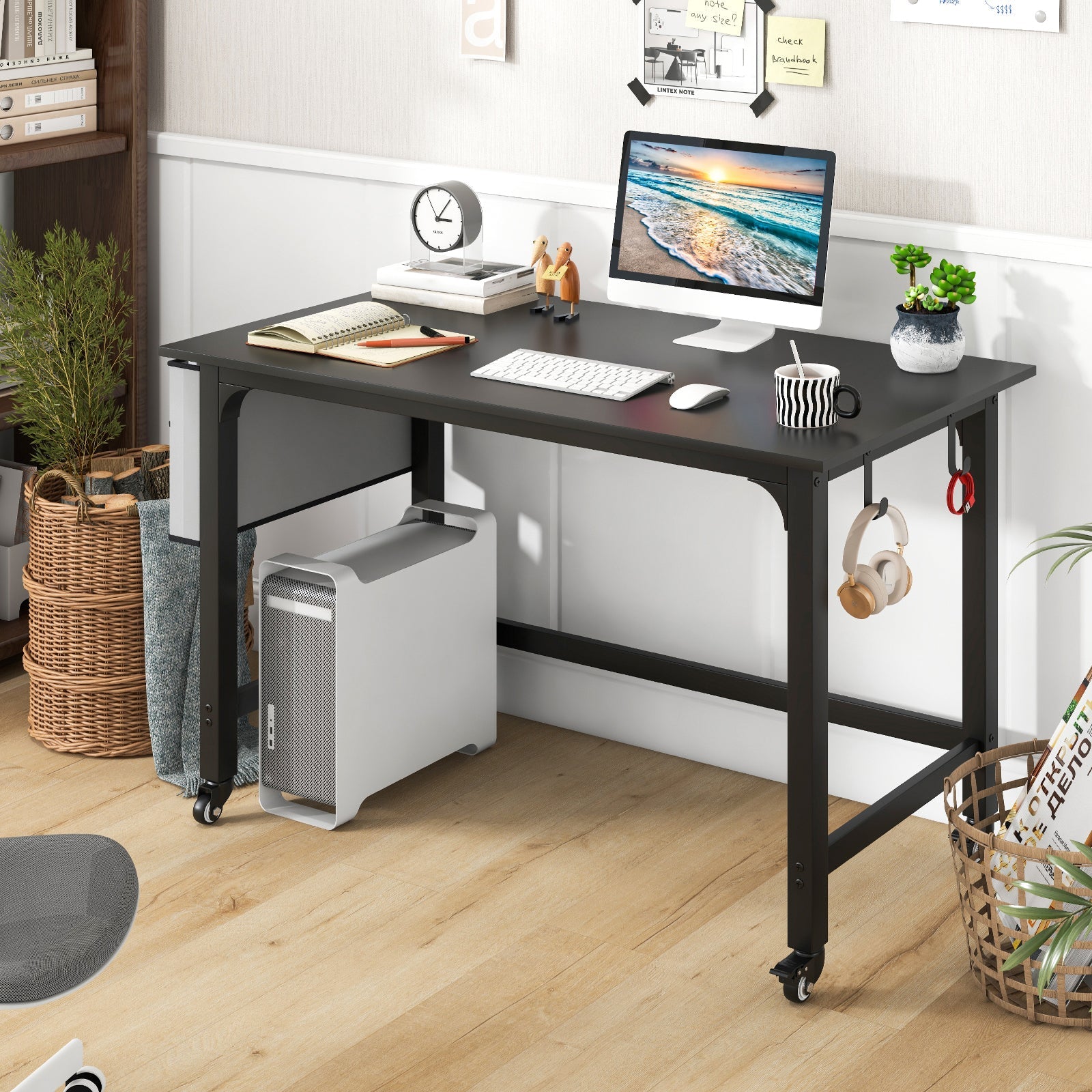 120cm Mobile Computer Desk with Storage Bag and 2 Headphone Hooks-Teak