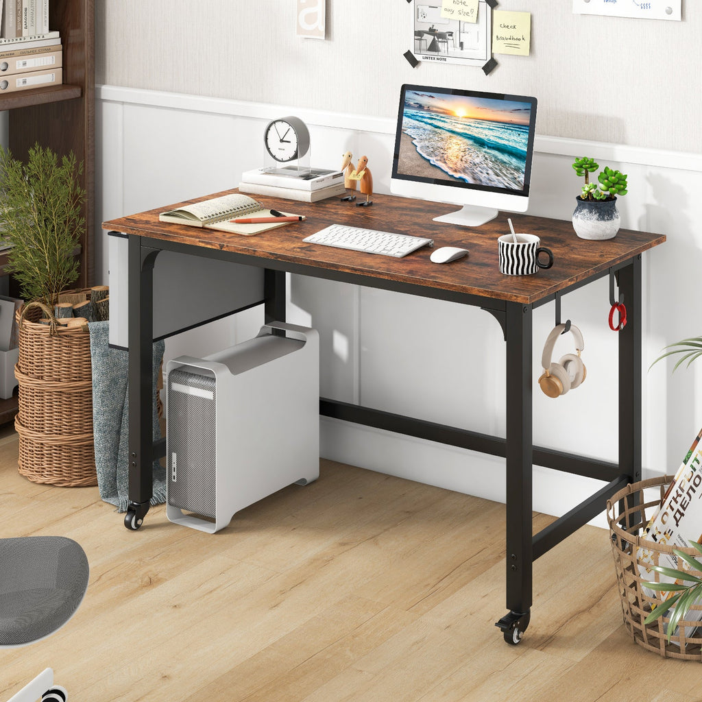 120cm Mobile Computer Desk with Storage Bag and 2 Headphone Hooks-Teak