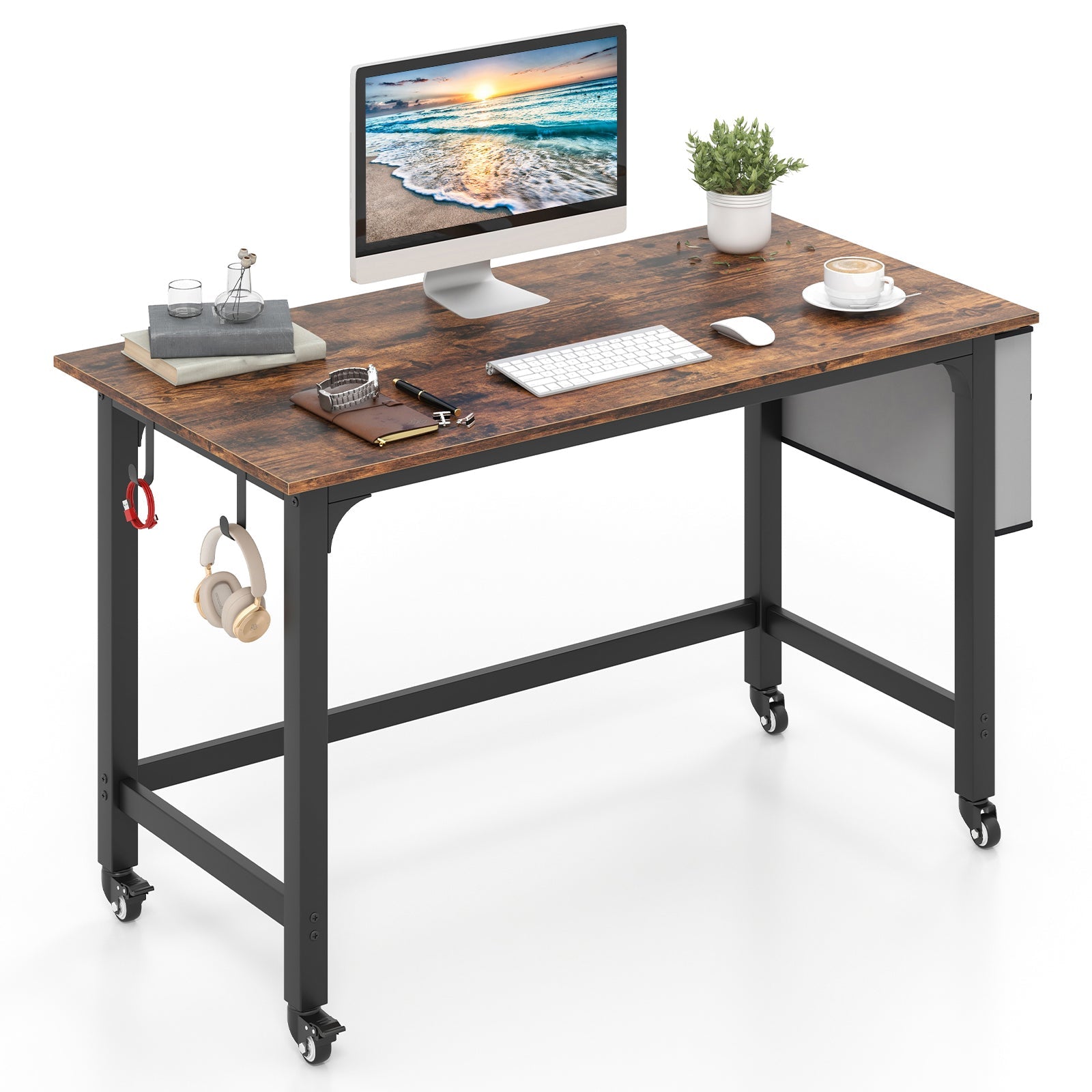 120cm Mobile Computer Desk with Storage Bag and 2 Headphone Hooks-Teak