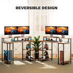 HOMCOM Computer Desk with Power Outlets and LED Lights, 120 x 50cm Reversible Home Office Desk with Monitor Stand and 2-Tier Storage Shelves, Gaming Desk with Cable Management, Rustic Brown