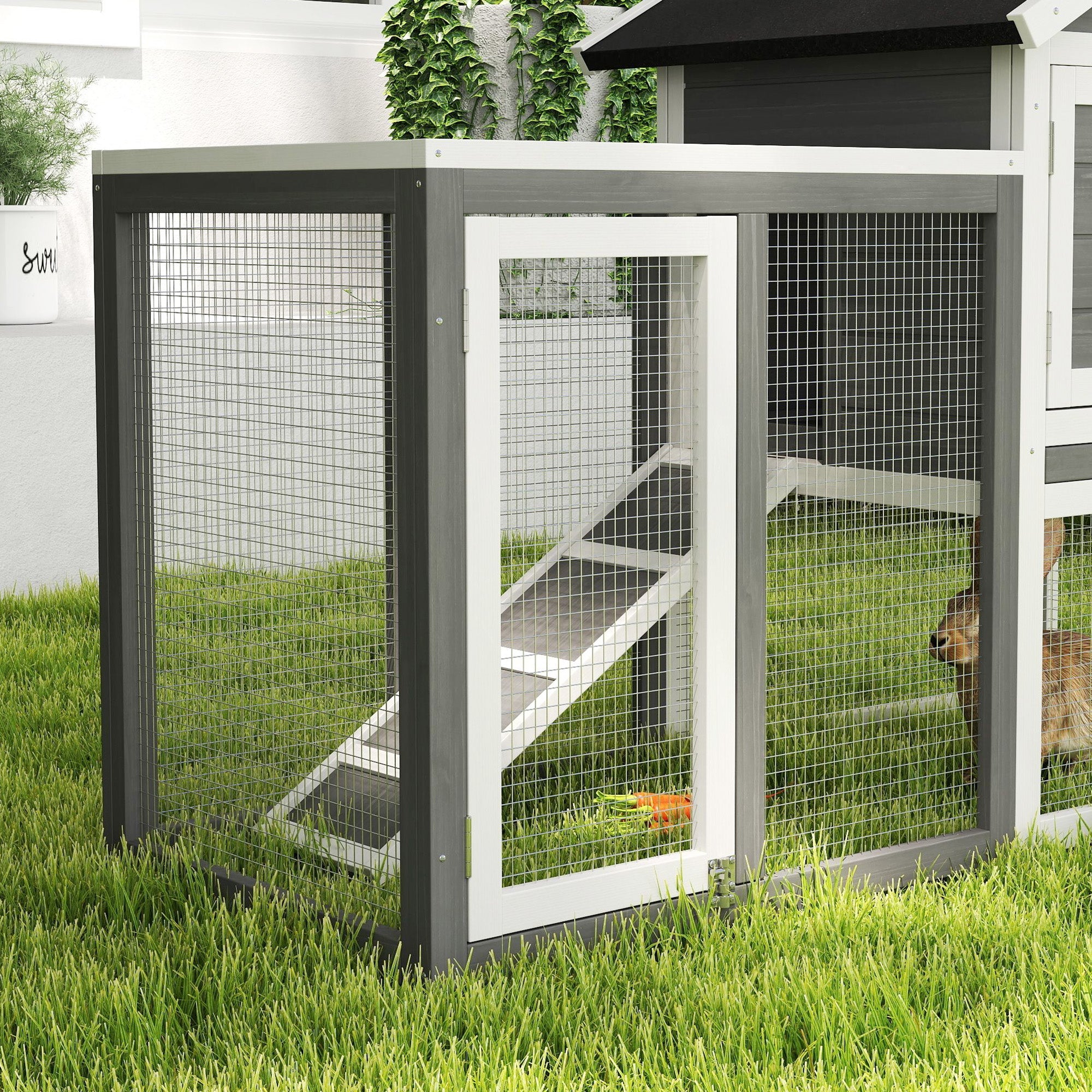 PawHut Rabbit Hutch Outdoor Wooden Guinea Pig Hutch Rabbit Run Bunny Cage Small Animal House Pull-Out Tray, Grey, 122 x 62.6 x 92 cm