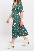 Louche Nadine Roaring Daisy Print Square Neck Balloon Sleeve Midi Dress - Green
