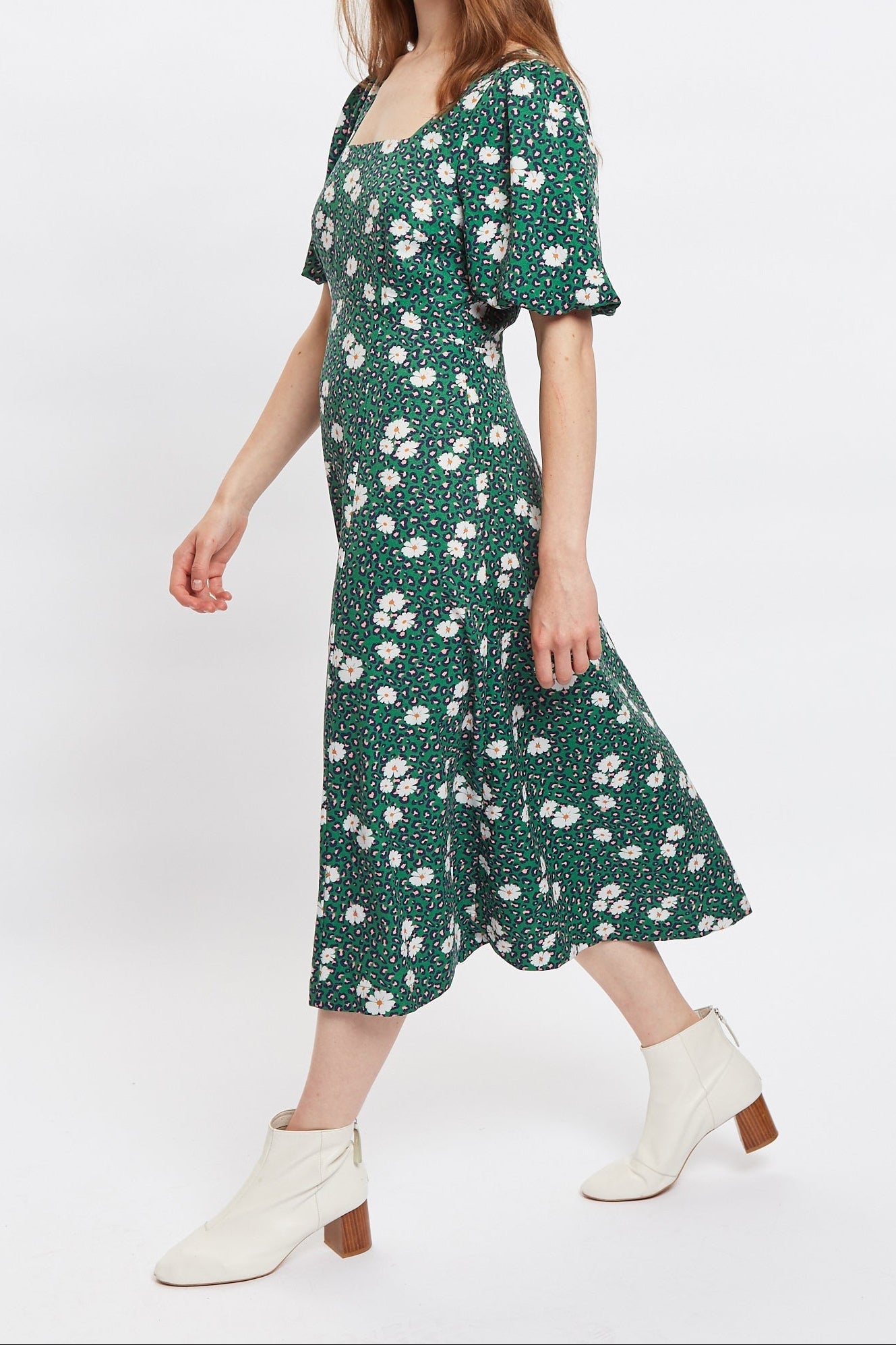 Louche Nadine Roaring Daisy Print Square Neck Balloon Sleeve Midi Dress - Green