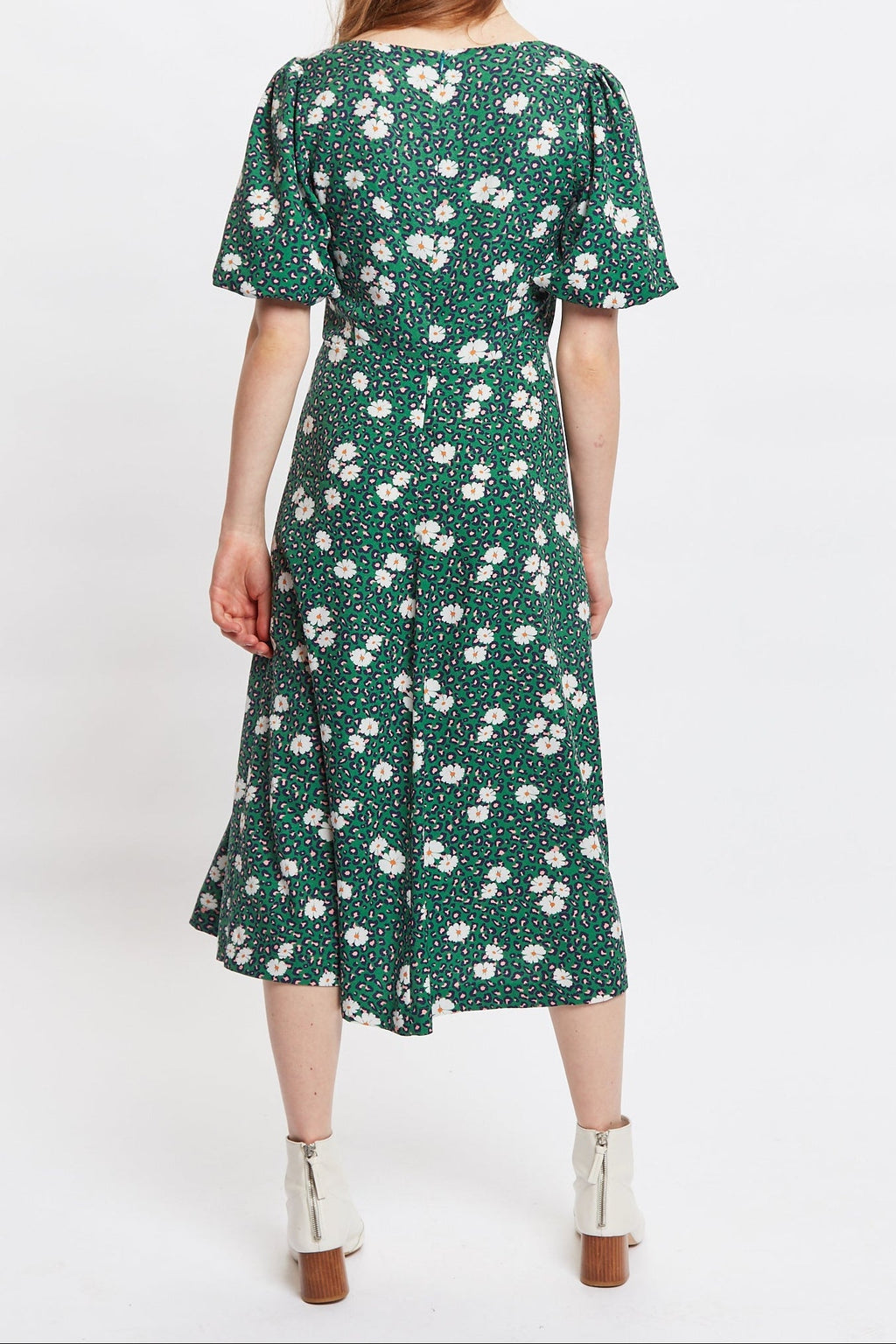 Louche Nadine Roaring Daisy Print Square Neck Balloon Sleeve Midi Dress - Green