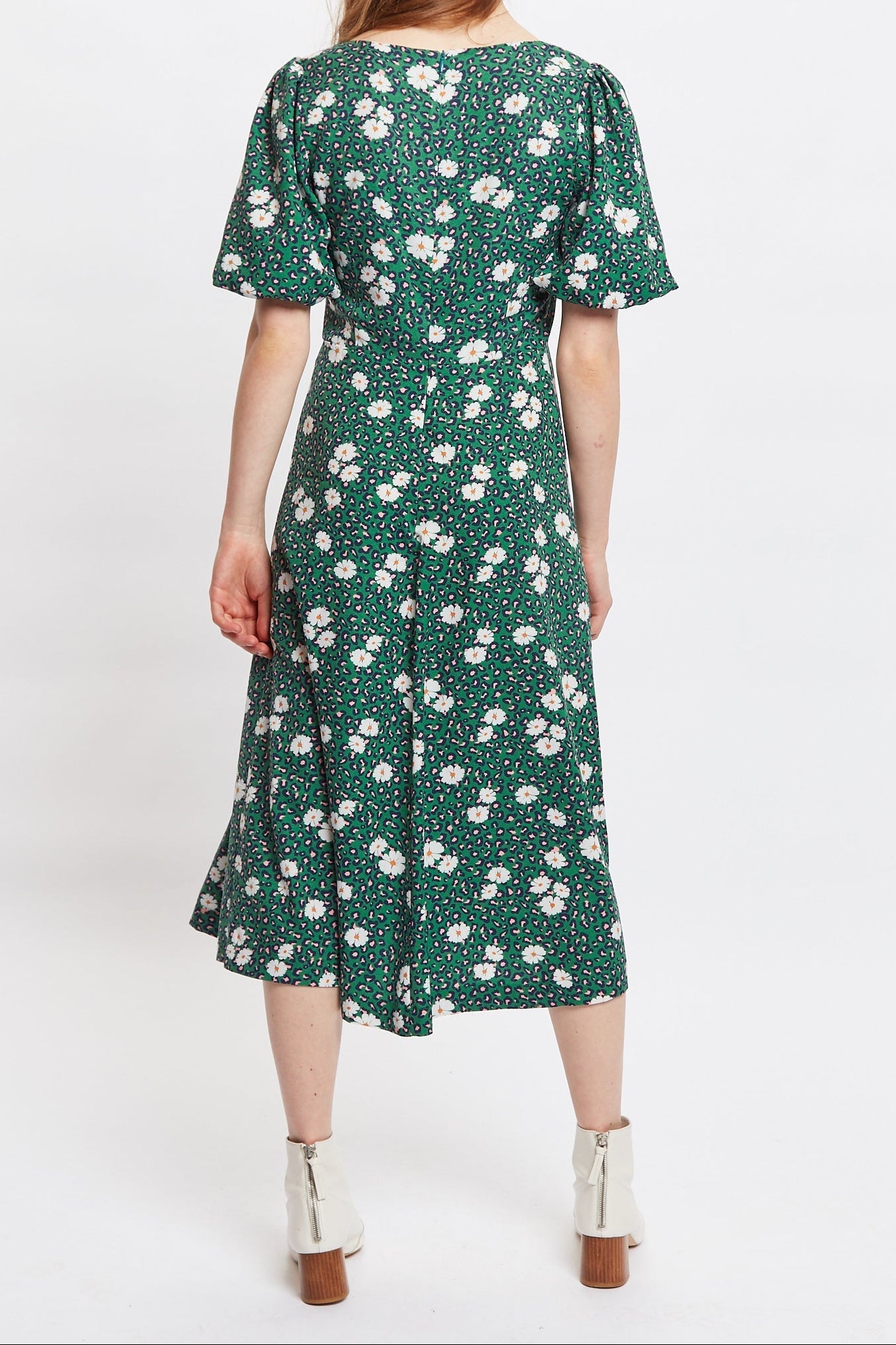 Louche Nadine Roaring Daisy Print Square Neck Balloon Sleeve Midi Dress - Green