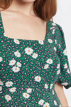 Louche Nadine Roaring Daisy Print Square Neck Balloon Sleeve Midi Dress - Green
