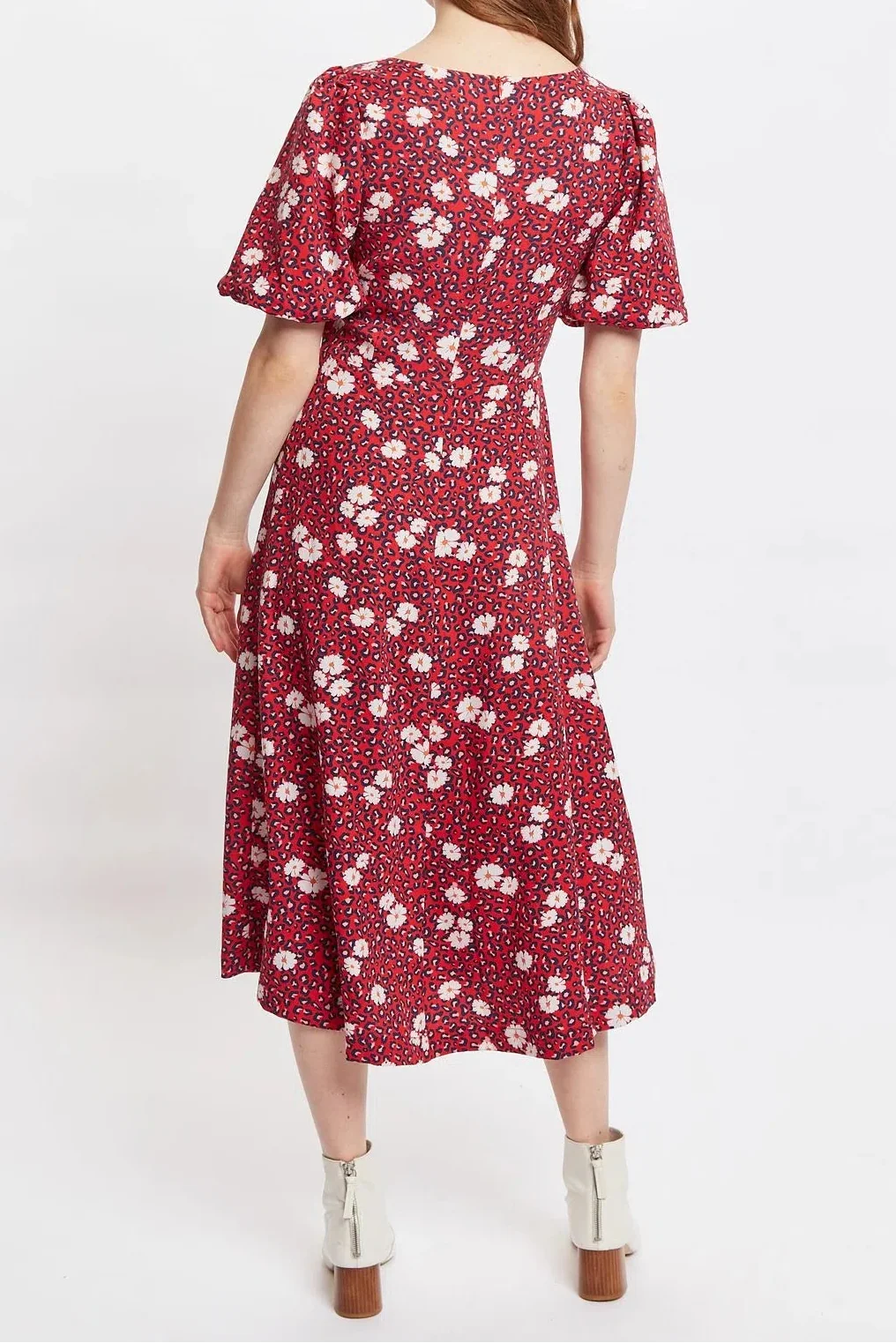 Louche Nadine Roaring Daisy Print Square Neck Balloon Sleeve Midi Dress Red