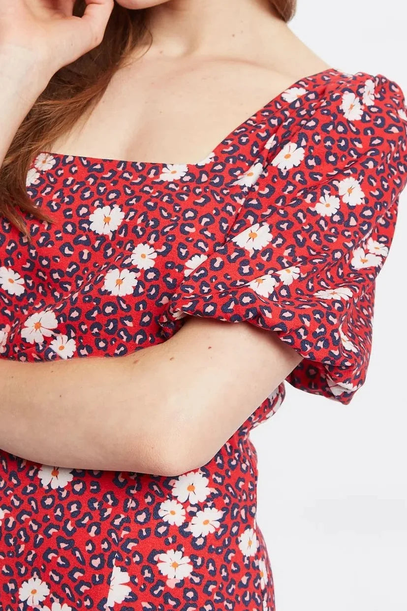 Louche Nadine Roaring Daisy Print Square Neck Balloon Sleeve Midi Dress Red