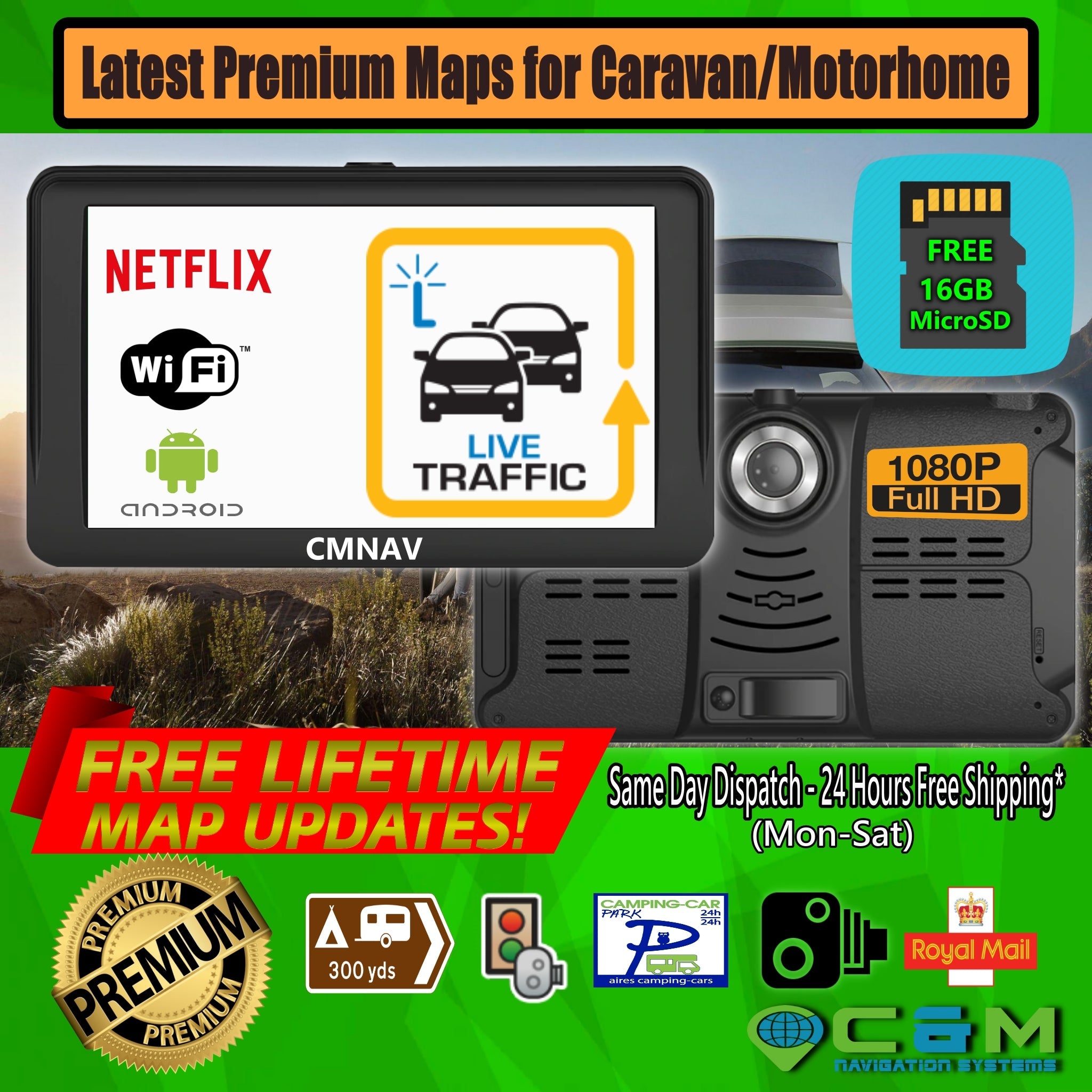 7" CMNAV 360 Traffic Camper - LIVE TRAFFIC- Built-in FullHD Dashcam, Android, Wi-Fi