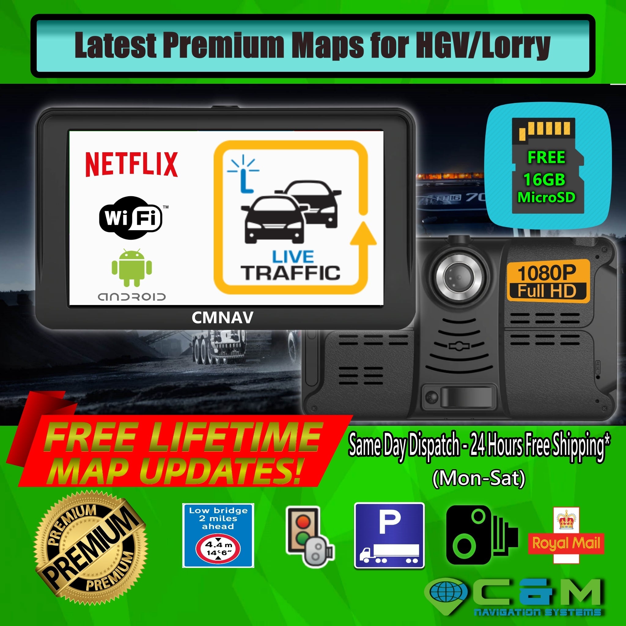7" CMNAV 360 Traffic Truck - LIVE TRAFFIC- Built-in FullHD Dashcam, Android, Wi-Fi