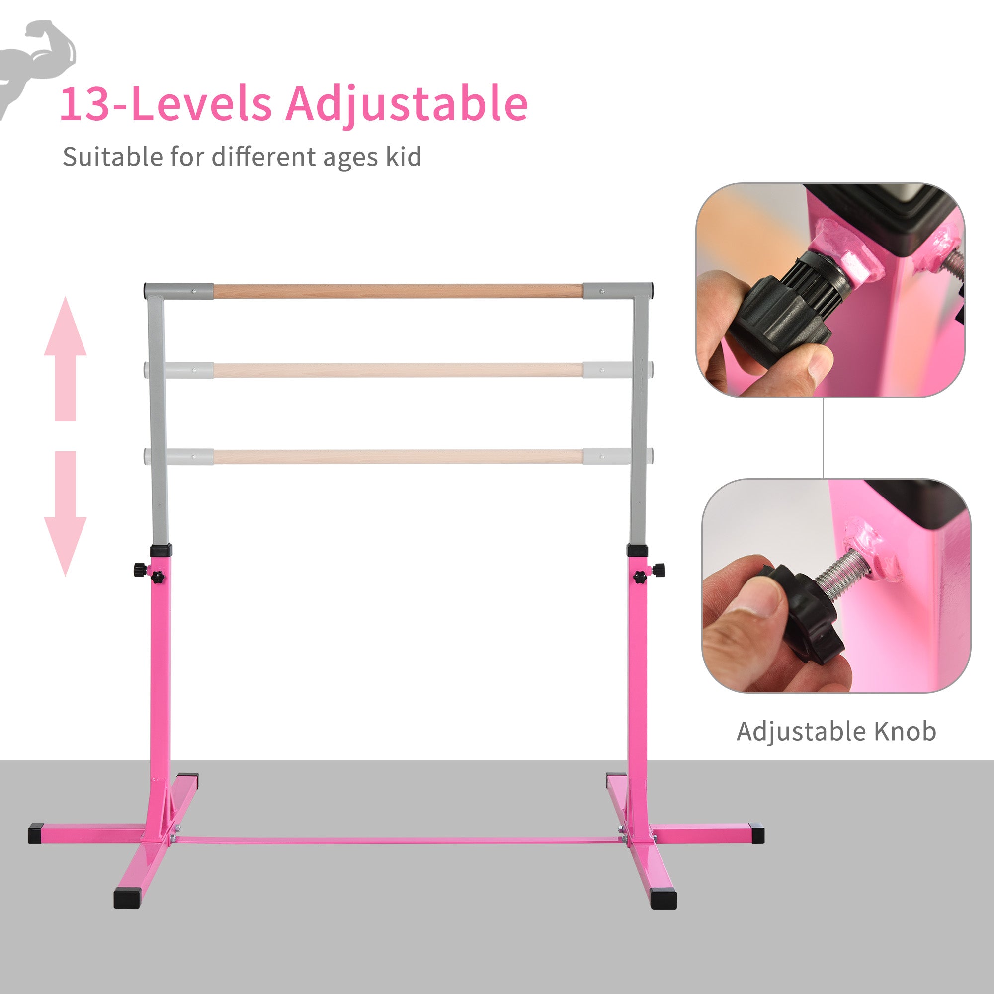 HOMCOM Height Adjustable Gymnastics Horizontal Bar for Kids, Children Junior Kip High Bar Fitness, Pink